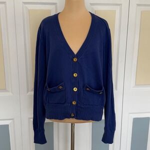 Vintage Cabi  Blue 668 Cotton Cashmere Blend V-Neck Cardigan Gold Buttons 668 XL